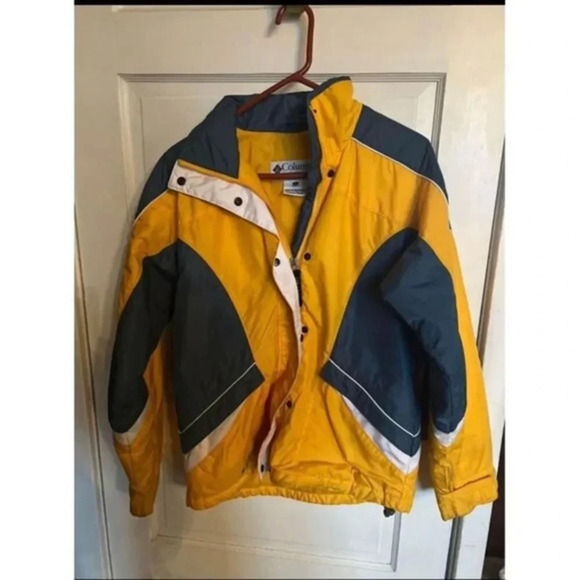 Columbia Vintage Color Block Ski Jacket Winter Sports Coat Yellow Navy Small - Picture 1 of 3